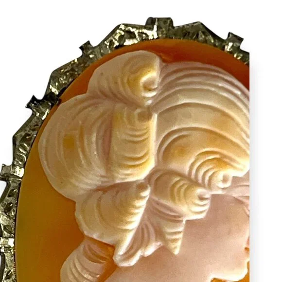 Antique Victorian Hand Carved Shell Cameo Sterling Silver Brooch Pendant 1.75" - Picture 5 of 7
